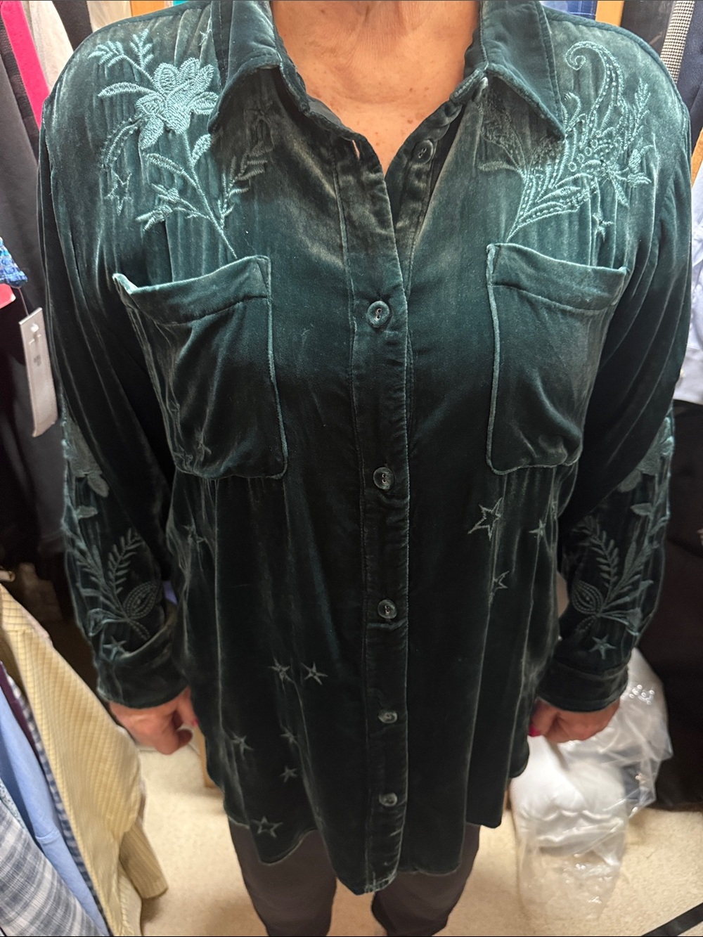 Johnny Was Teal Velvet Embroidered Button-Front Shirt